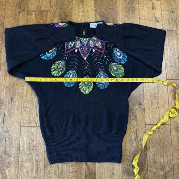 VTG 80’s Cedars Woman Silk Angora Wool Sweater Peacock Feathers Sequin Womens M - Picture 5 of 6